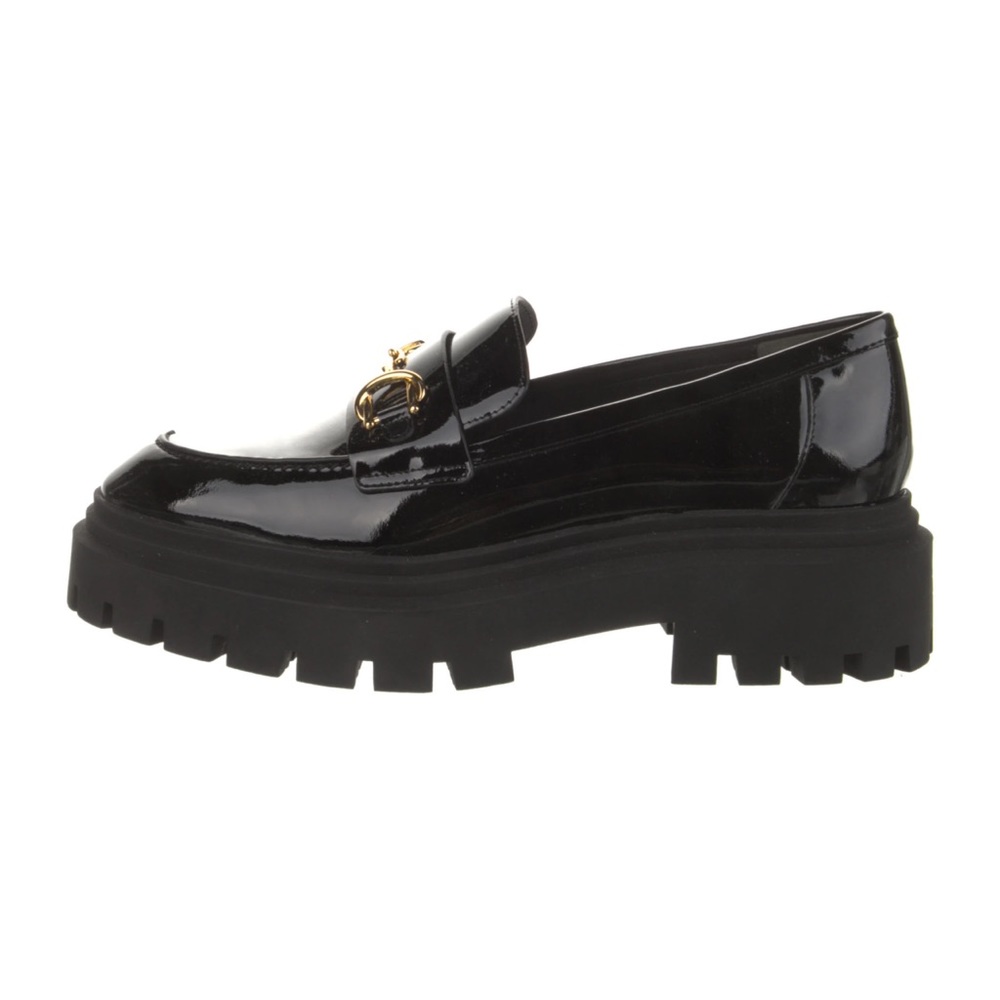 Stuart Weitzman Black Patent Leather Mules with Gold Accent